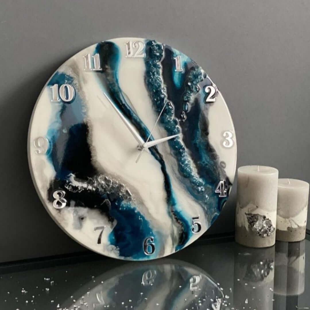 Resin Wall Clock for Home Decor White and Blue Abstract modern