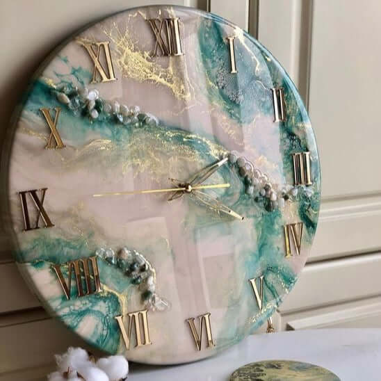 Green and White Abstract Epoxy Resin Wall Clock For Home Decor