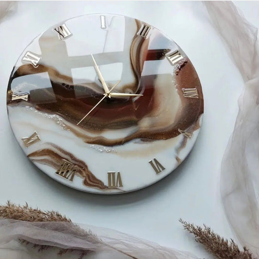 Brown and White Abstract Epoxy Resin Wall Clock For Home Decor