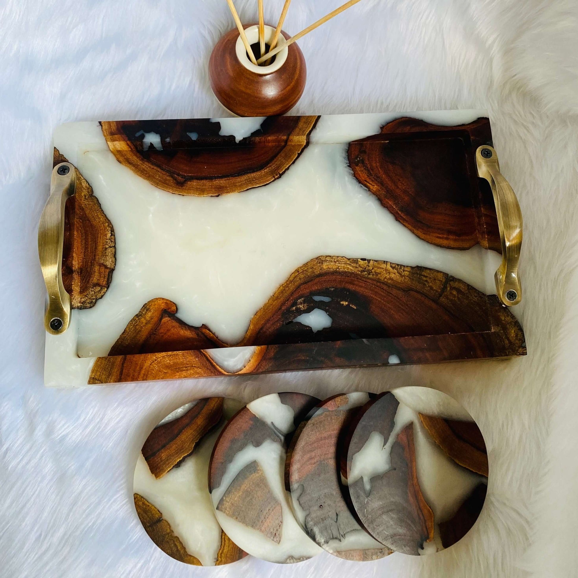 White and Wooden Epoxy Resin Tray with Set of 4 Coasters