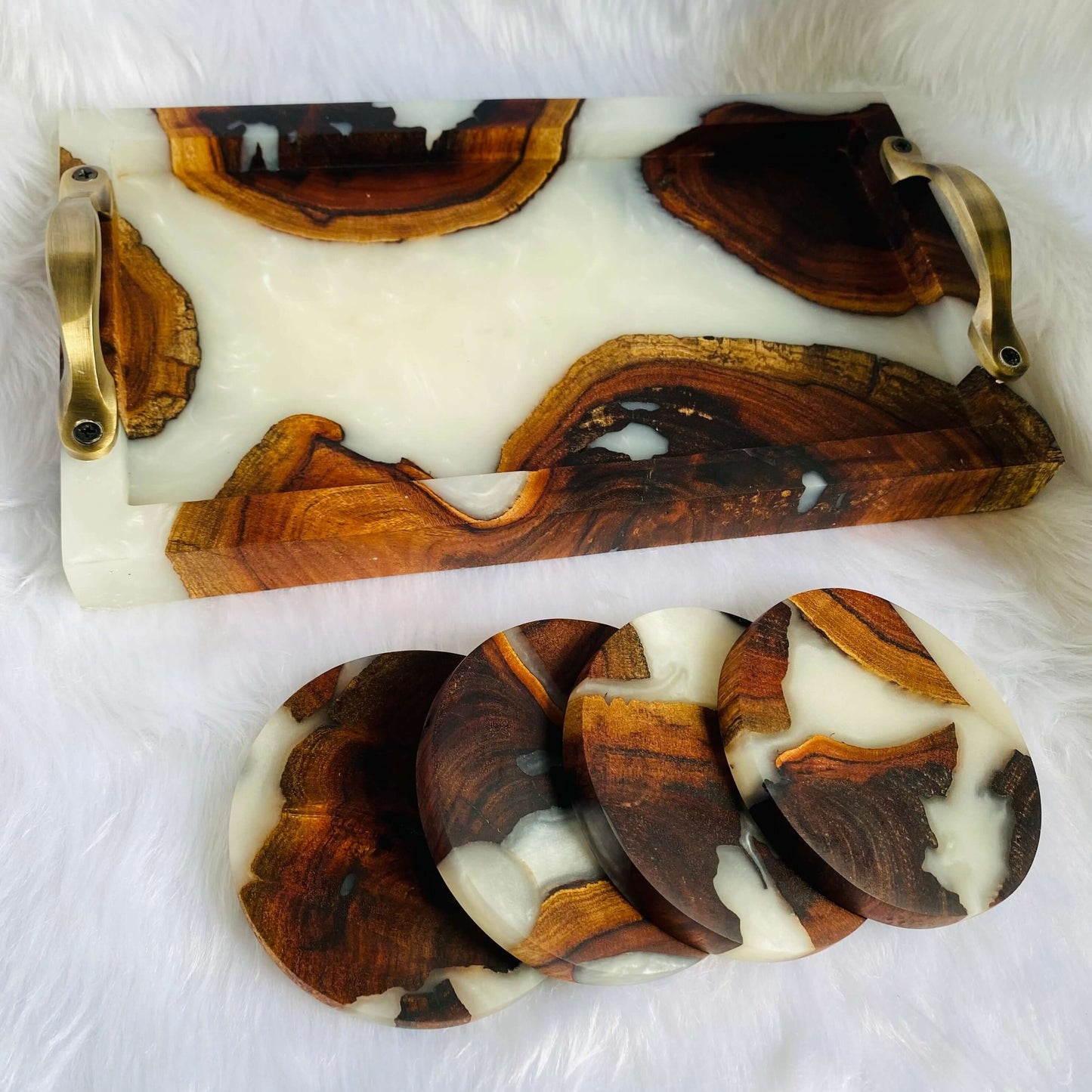 White and Wooden Epoxy Resin Tray with Set of 4 Coasters