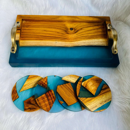 Wooden and Blue Epoxy Resin Tray with Set of 4 Coasters