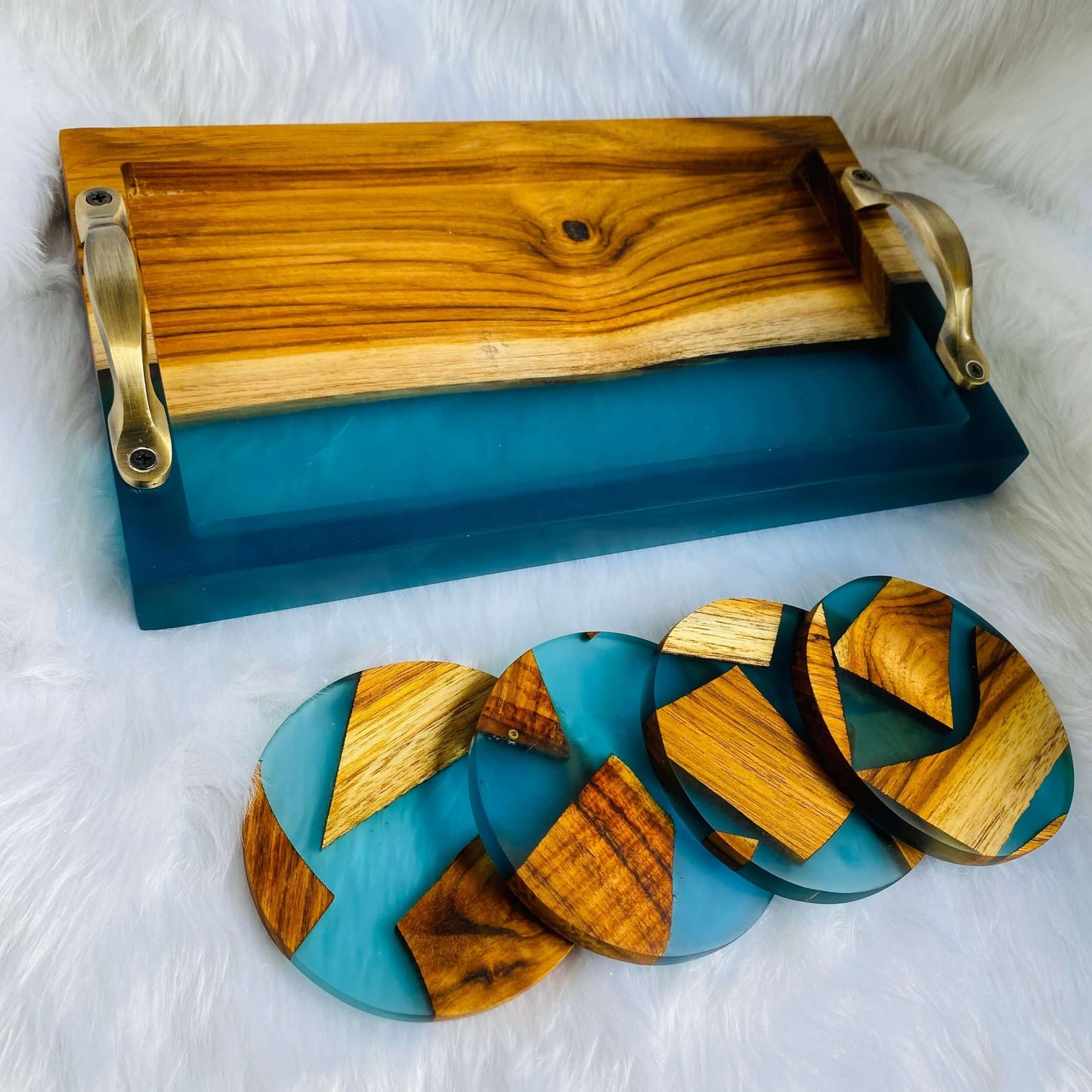 Wooden and Blue Epoxy Resin Tray with Set of 4 Coasters