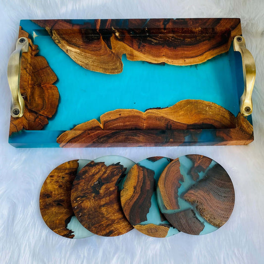 Blue and Wooden Epoxy Resin Tray with Set of 4 Coasters