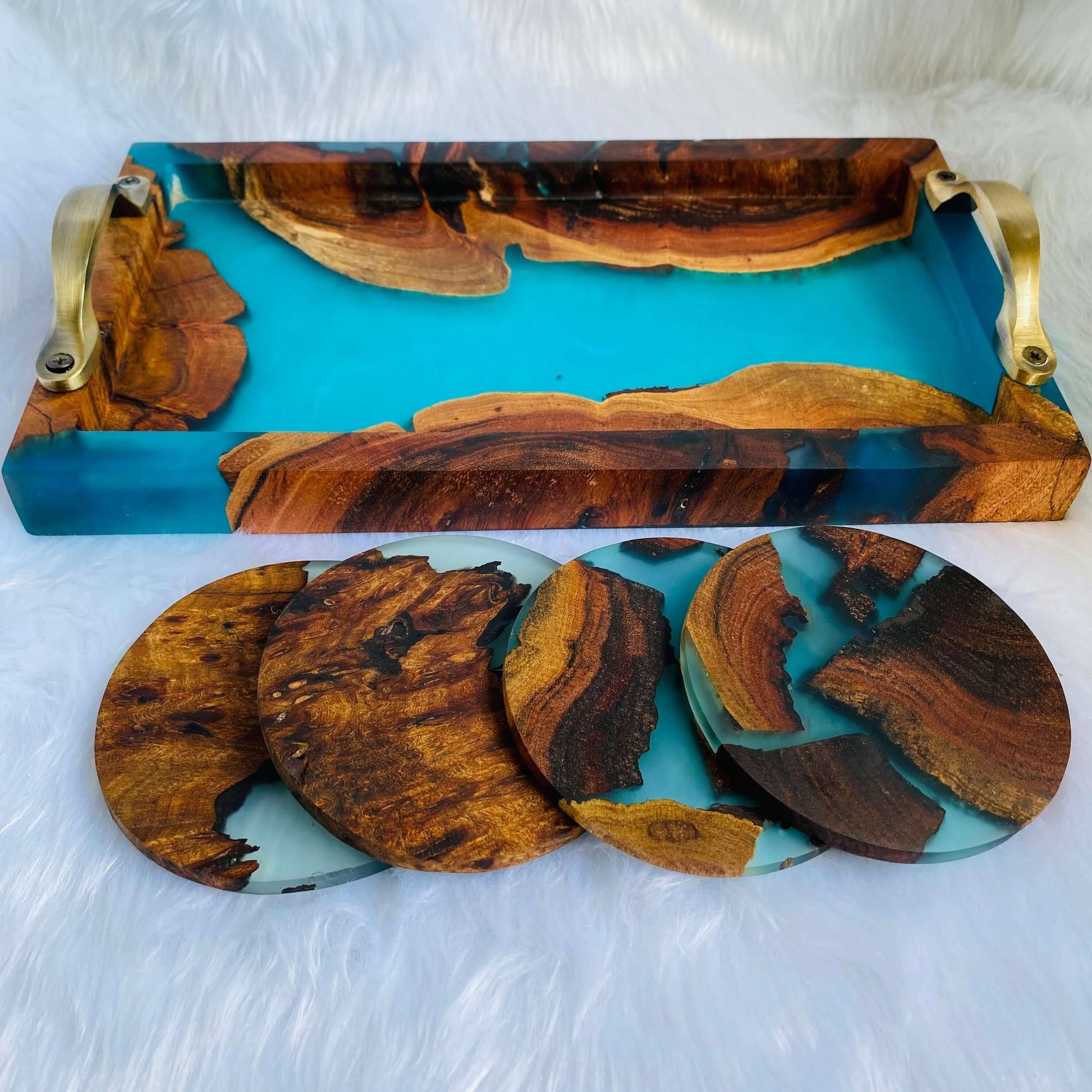 Blue and Wooden Epoxy Resin Tray with Set of 4 Coasters