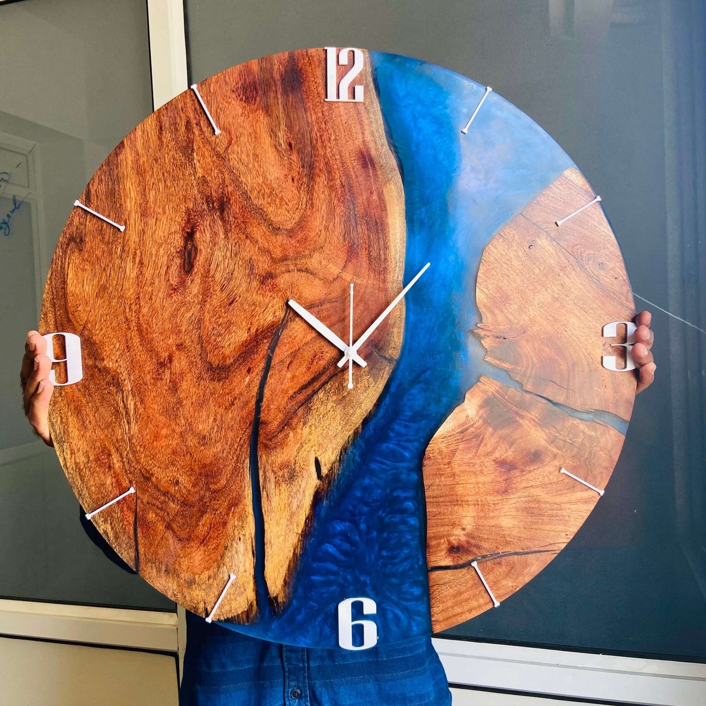 Blue and Wooden Abstract Epoxy Resin Wall Clock For Home Decor