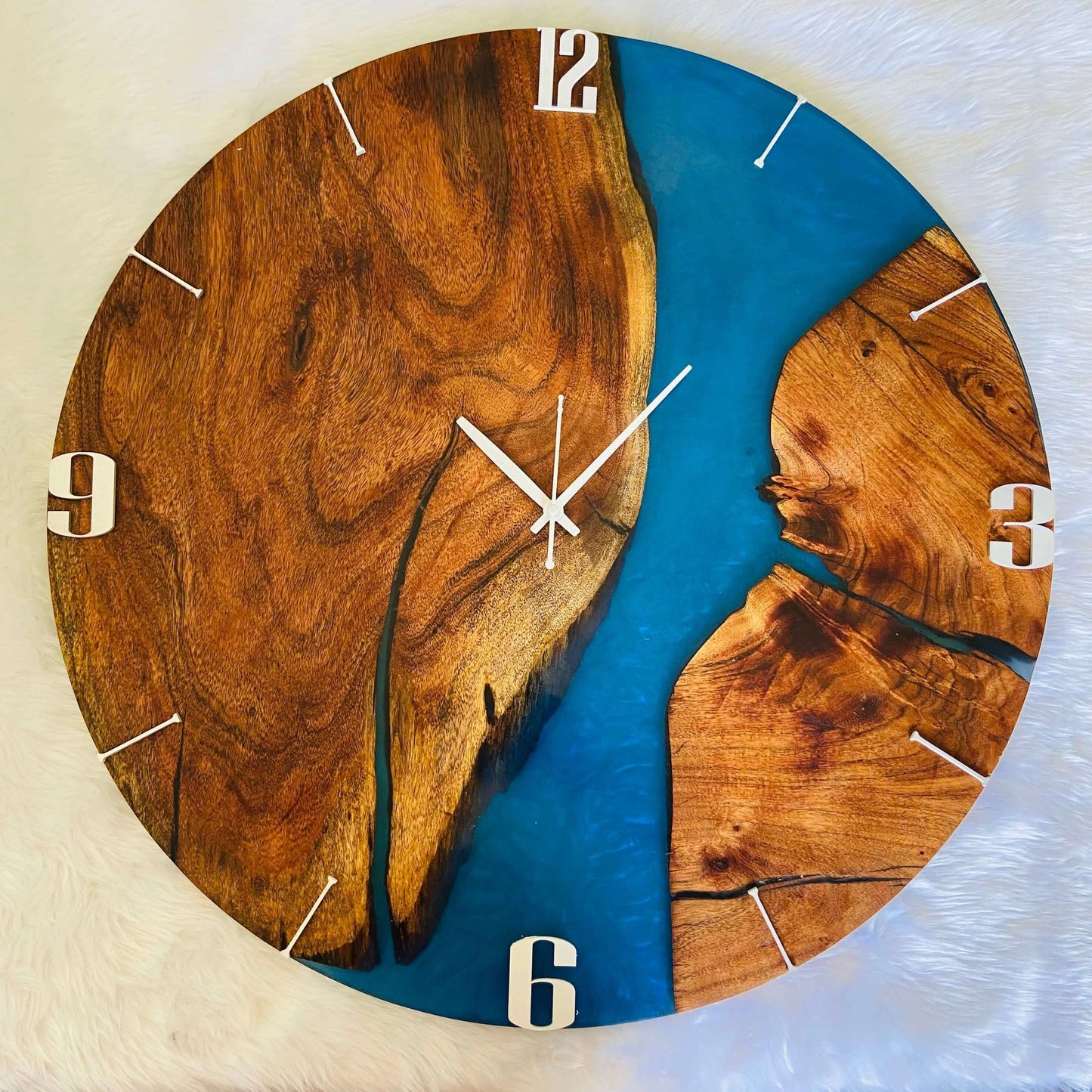 Blue and Wooden Abstract Epoxy Resin Wall Clock For Home Decor