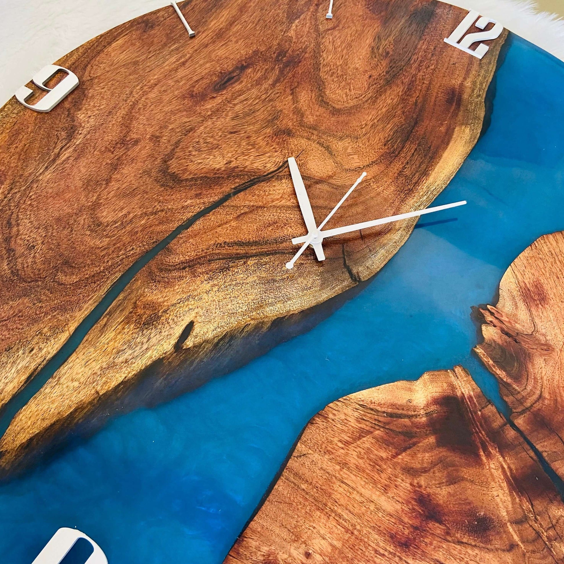 Blue and Wooden Abstract Epoxy Resin Wall Clock For Home Decor