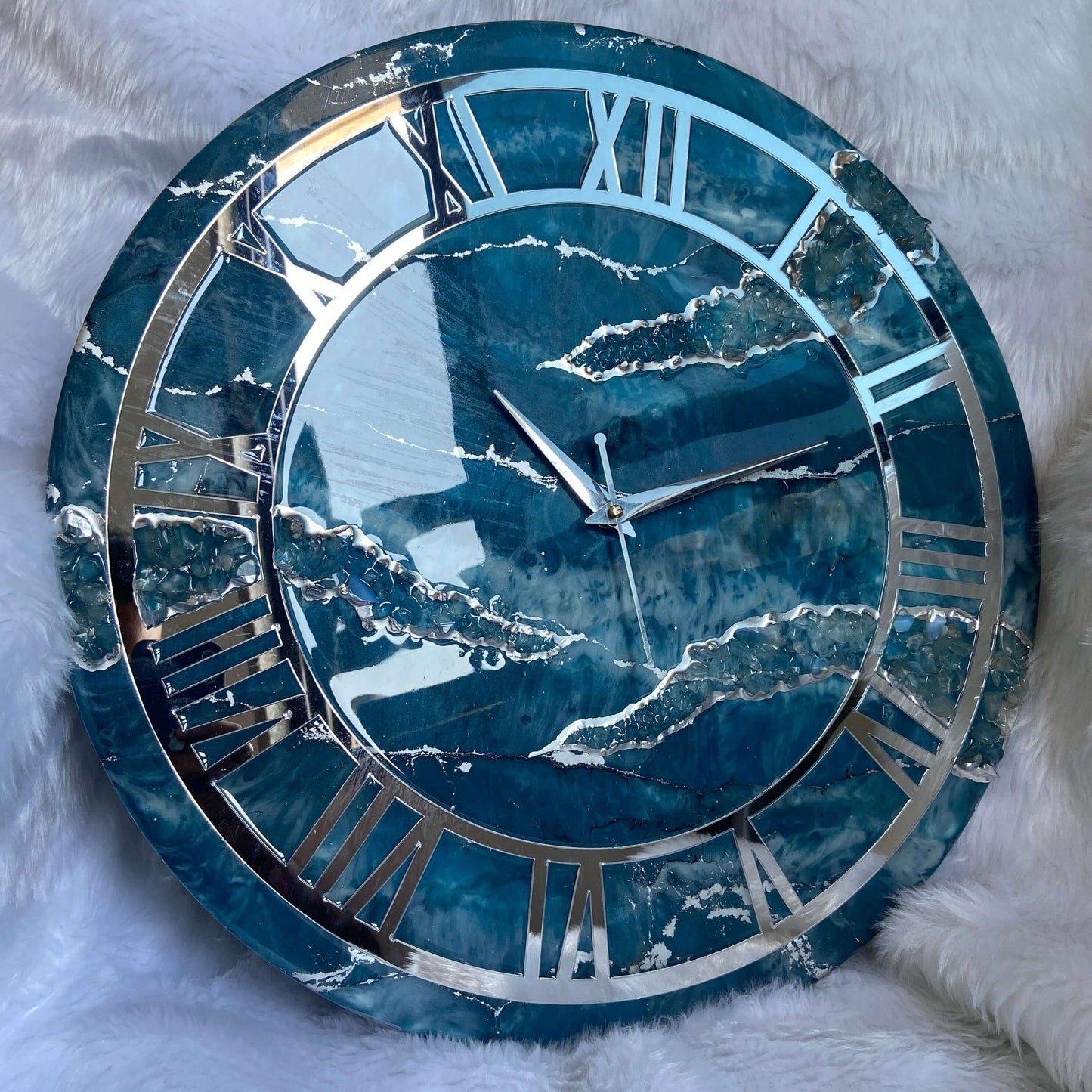 Teal Blue Geode Abstract Epoxy Resin Wall Clock For Home Decor