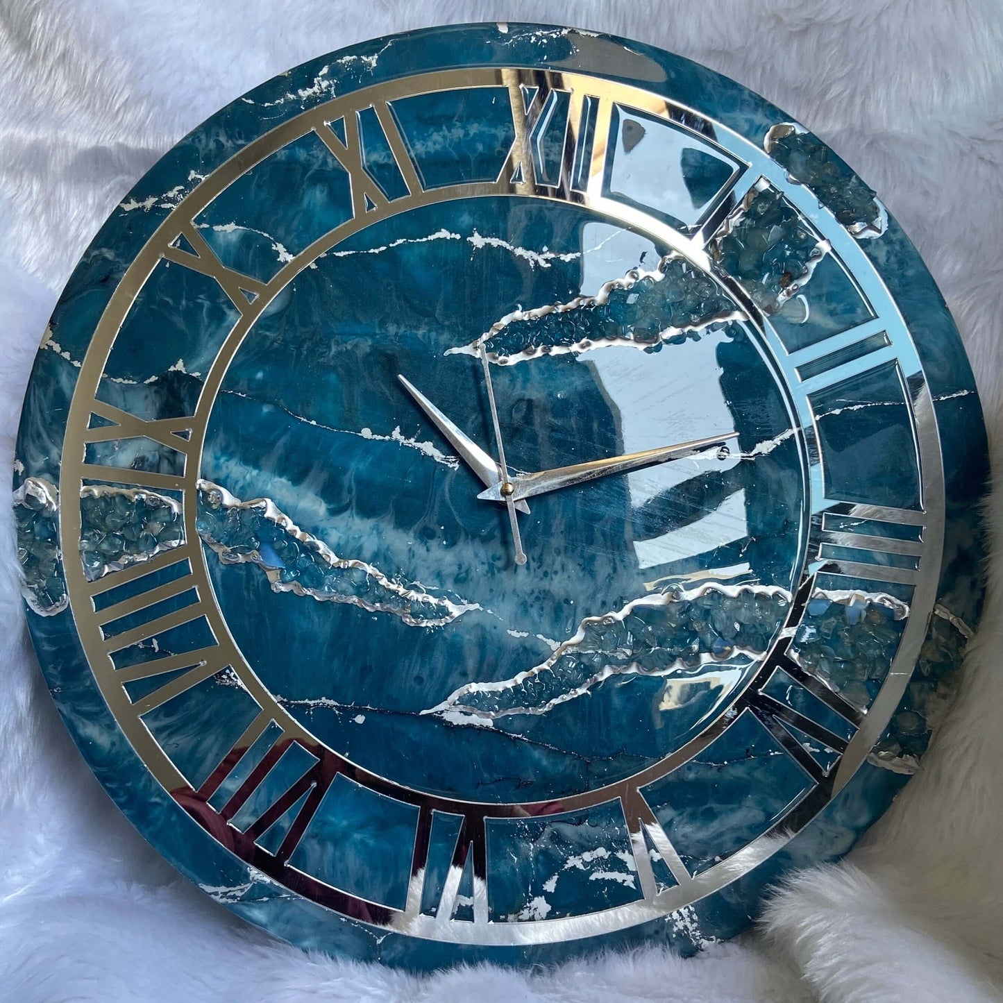 Teal Blue Geode Abstract Epoxy Resin Wall Clock For Home Decor