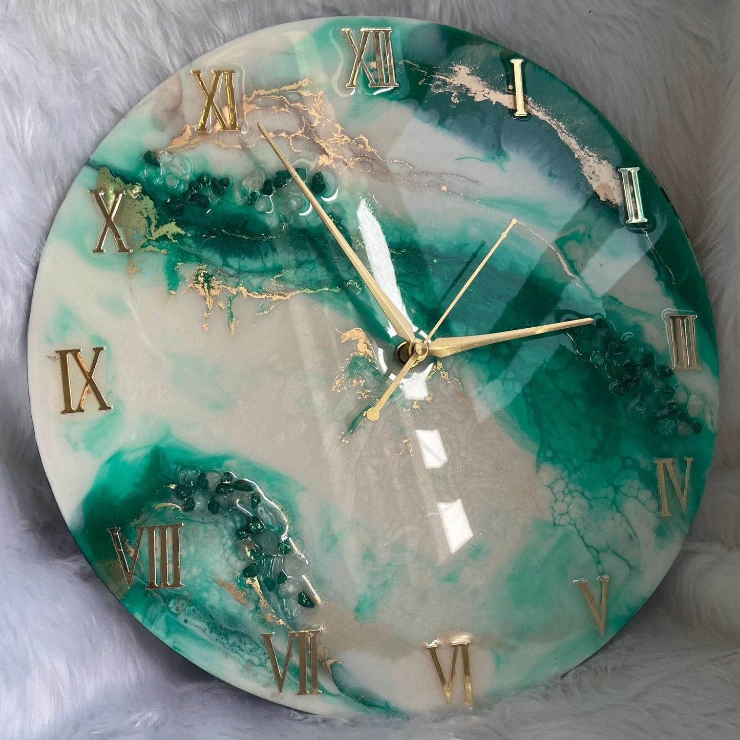 Green and Golden Abstract Epoxy Resin Wall Clock For Home Decor