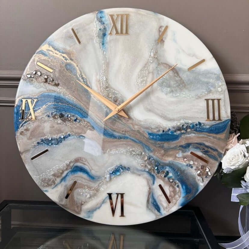 Blue White and Golden Abstract Epoxy Resin Wall Clock For Home Decor