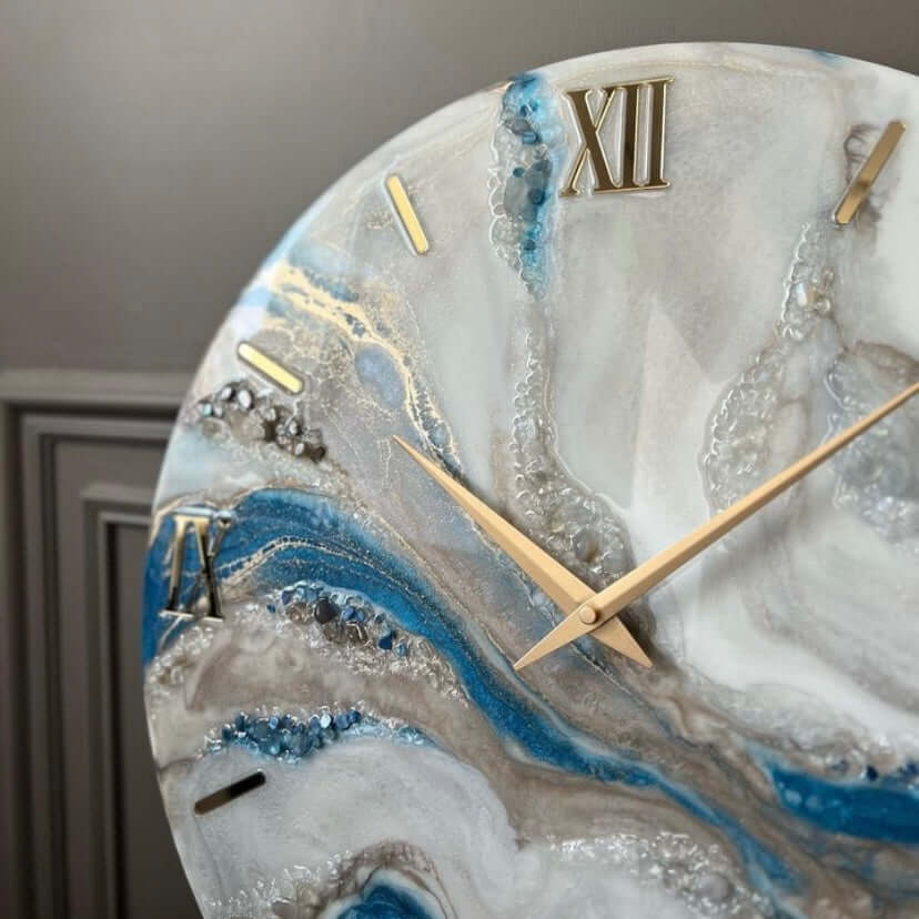 Blue White and Golden Abstract Epoxy Resin Wall Clock For Home Decor