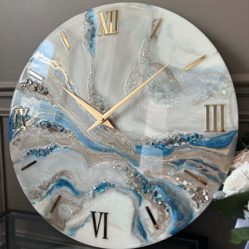 Blue White and Golden Abstract Epoxy Resin Wall Clock For Home Decor