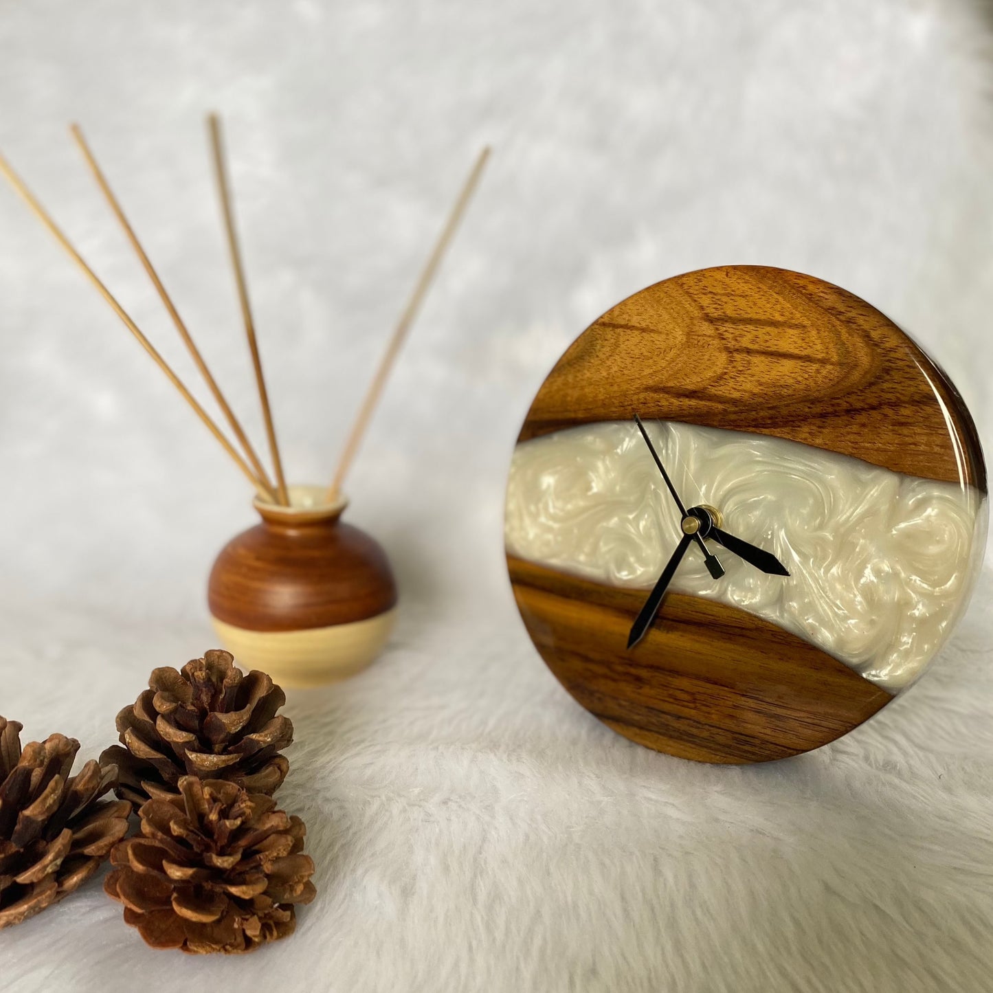 White and Wooden Abstract Epoxy Resin Table Clock