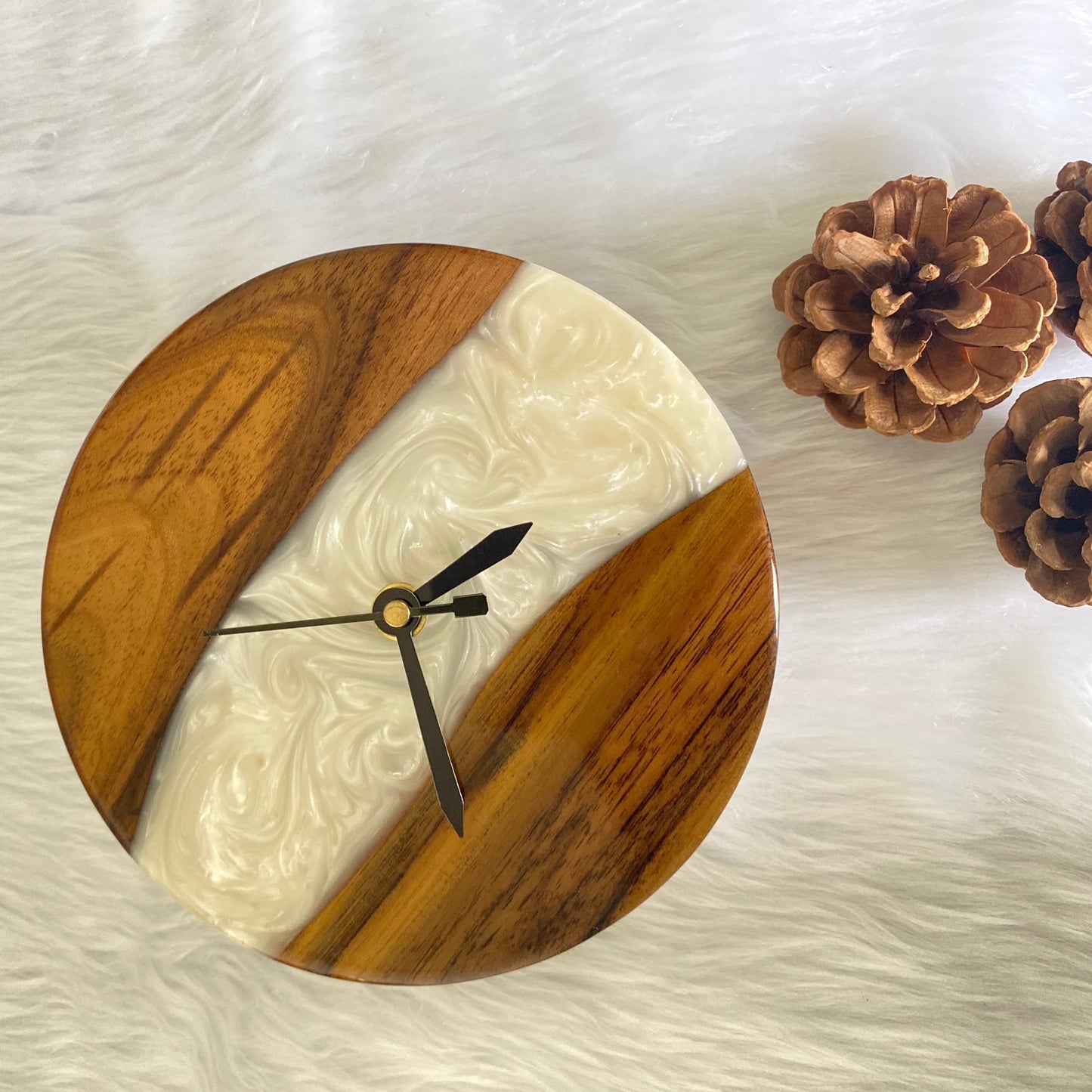 White and Wooden Abstract Epoxy Resin Table Clock