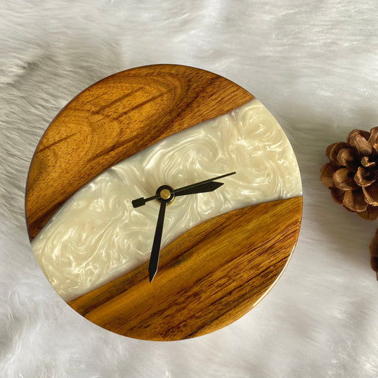 White and Wooden Abstract Epoxy Resin Table Clock