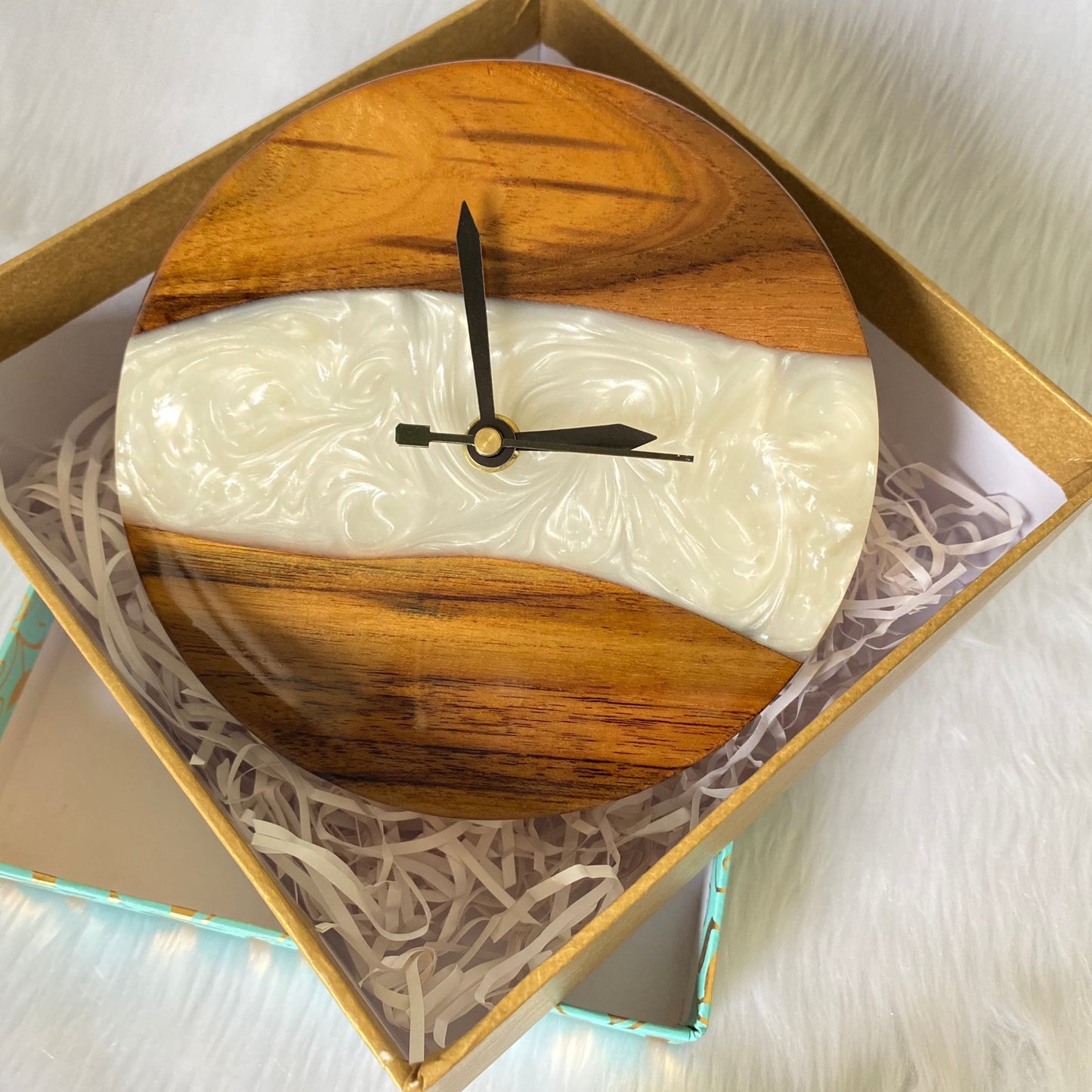 White and Wooden Abstract Epoxy Resin Table Clock