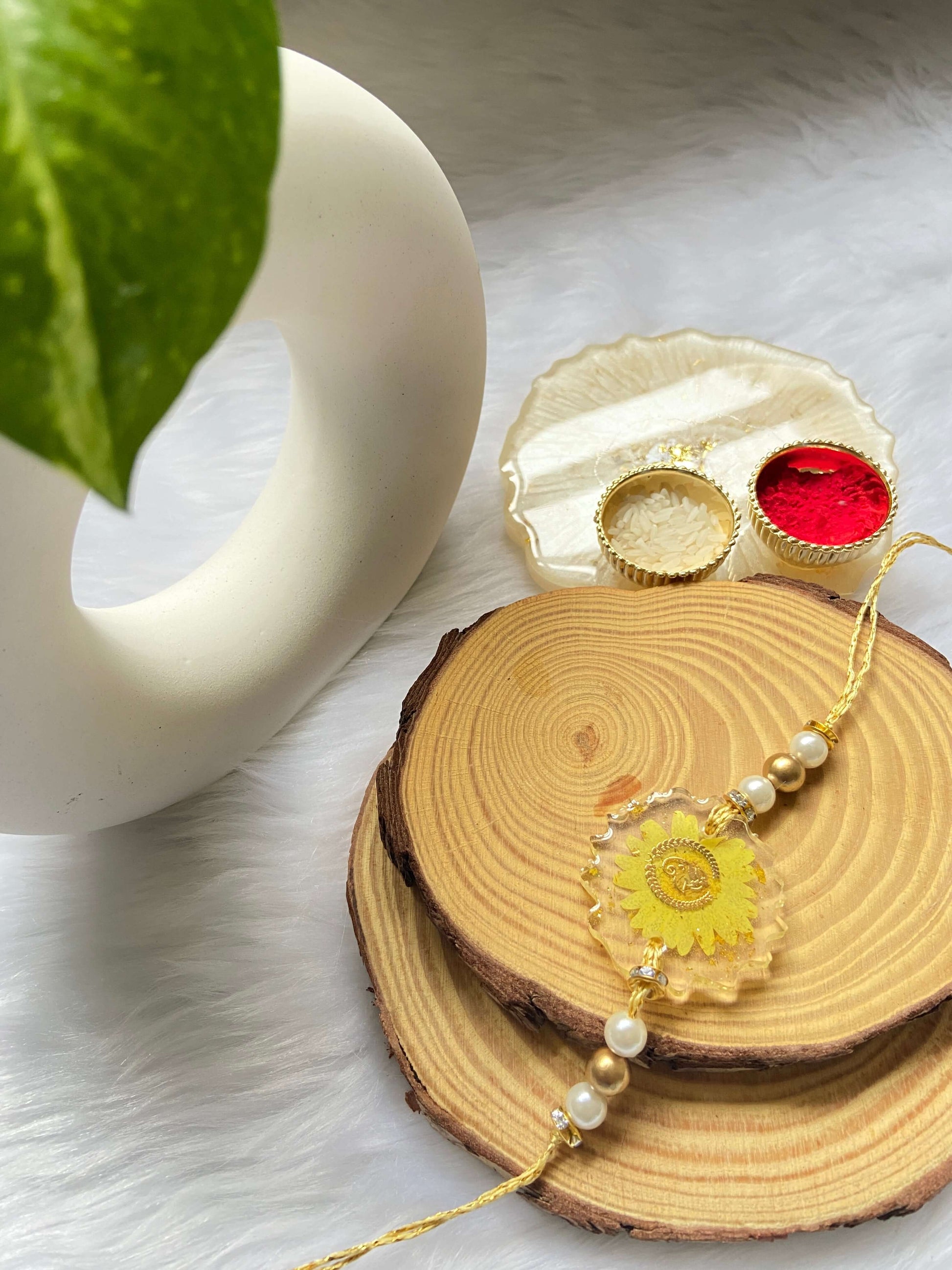 White and Yellow Floral Unique Resin Rakhi