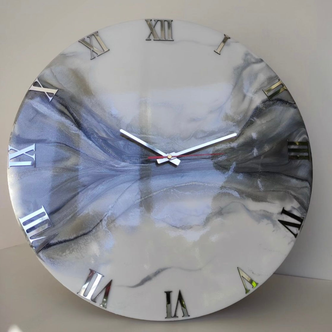 White And Grey Abstract Epoxy Resin Wall Clock For Home Decor