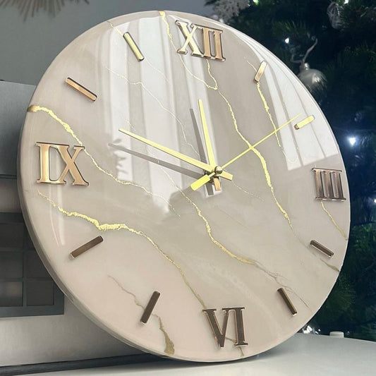 White And Golden Abstract Epoxy Resin Wall Clock For Home Decor