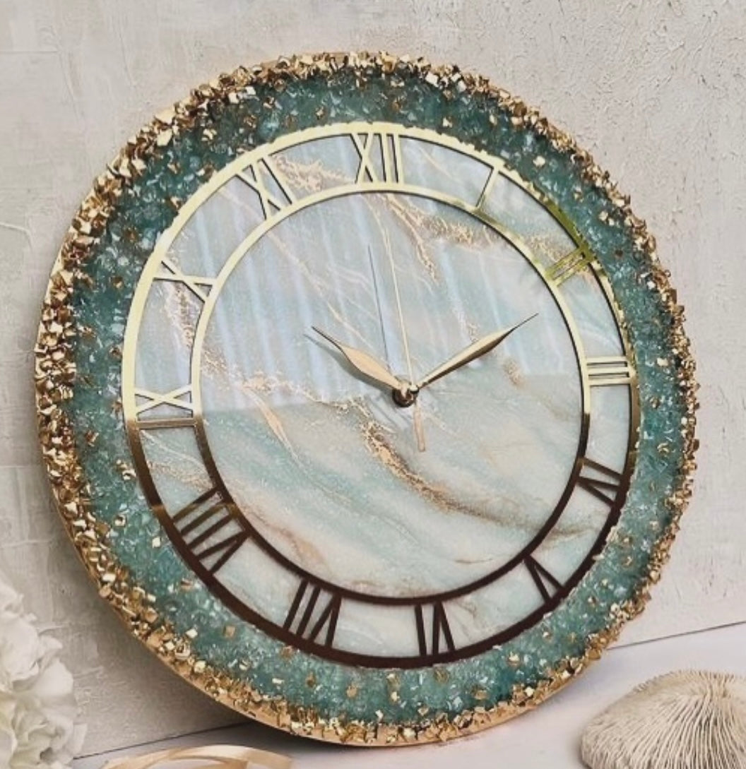 Green Geode Abstract Epoxy Resin Wall Clock For Home Decor