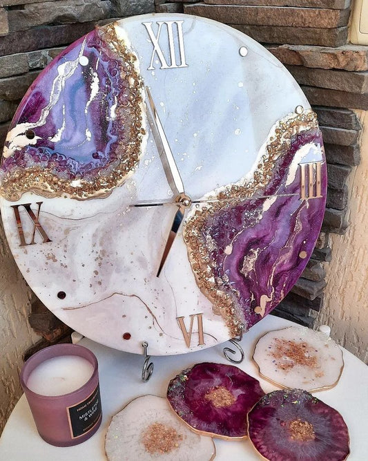 Purple And White Abstract Epoxy Resin Wall Clock For Home Decor