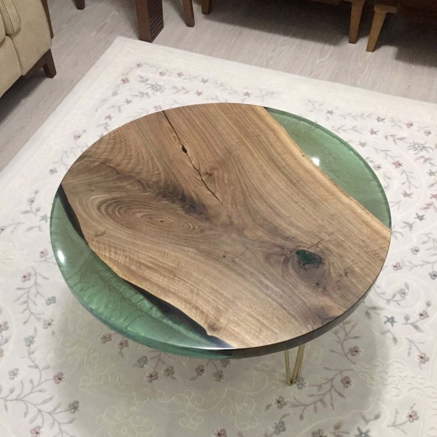 Sea Green and Wooden Epoxy Resin Coffee Table For Home Decor