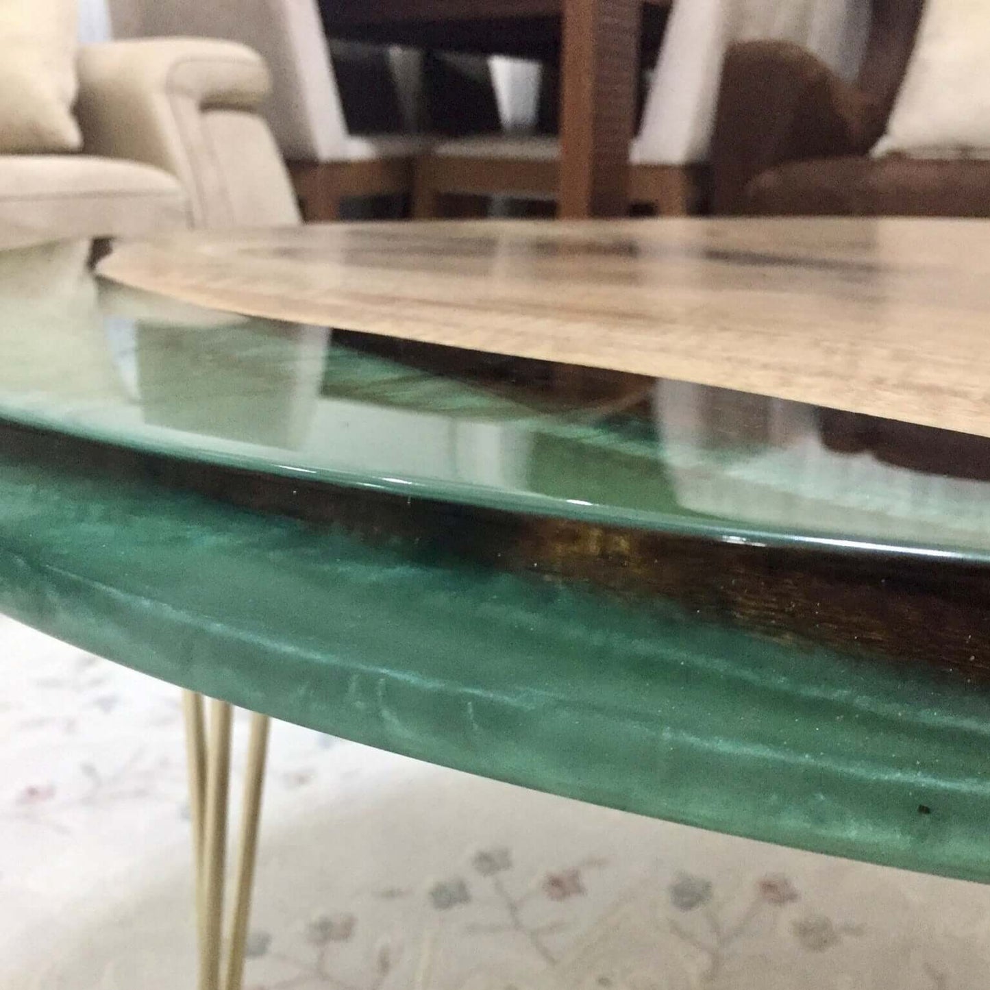 Sea Green and Wooden Epoxy Resin Coffee Table For Home Decor