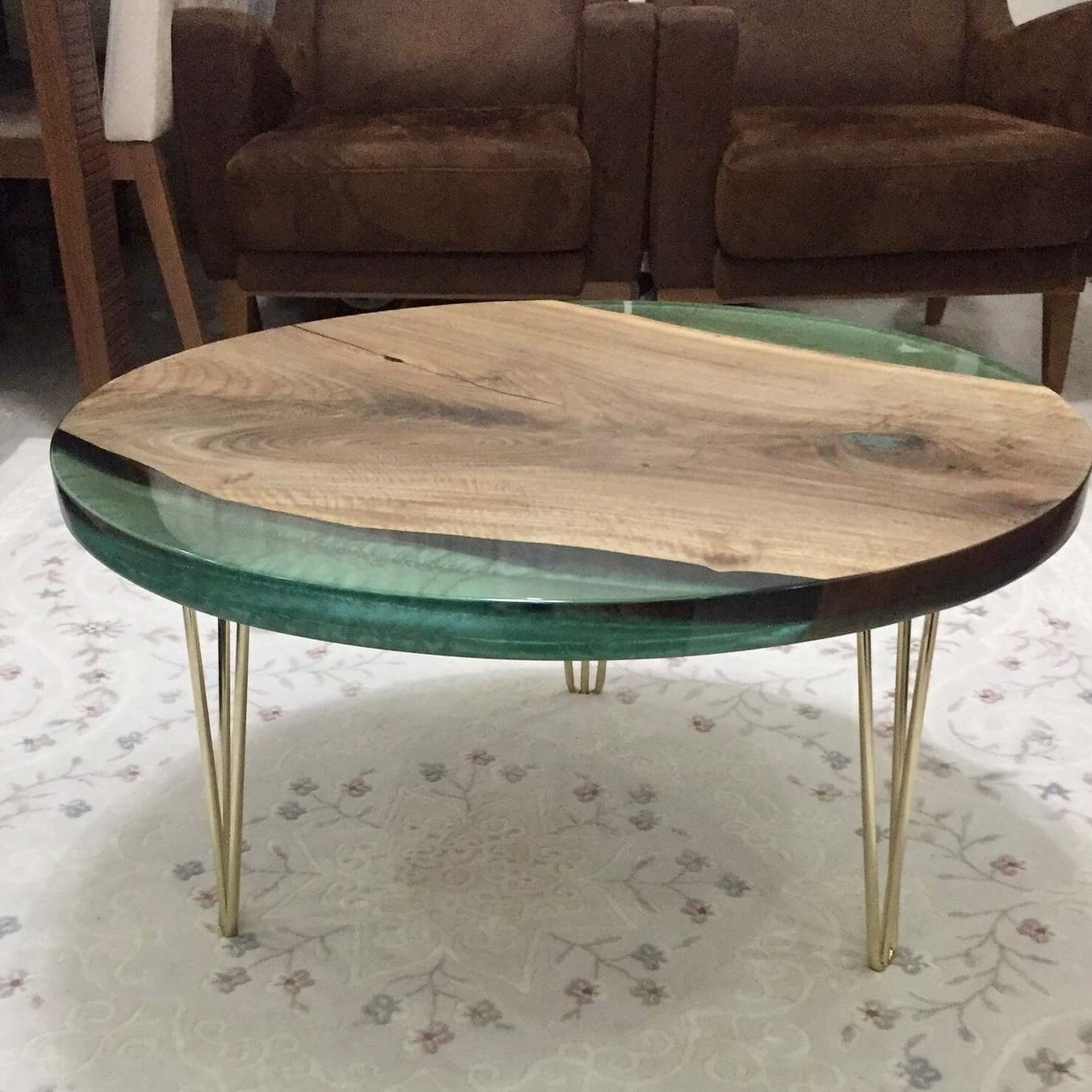 Sea Green and Wooden Epoxy Resin Coffee Table For Home Decor