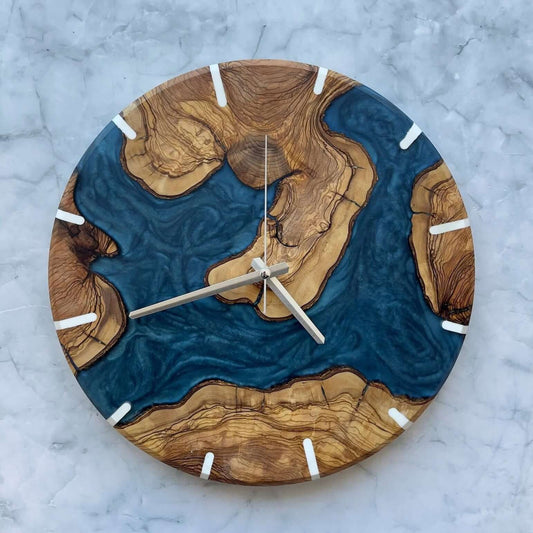 Dark Blue and Wooden Abstract Epoxy Resin Wall Clock For Home Decor