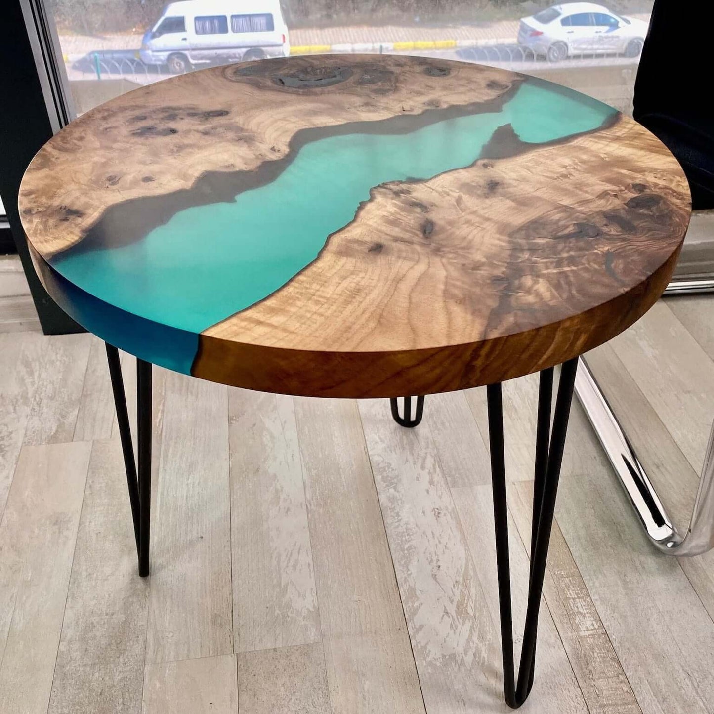 Aqua Green and Wooden Epoxy Resin Coffee Table For Home Decor