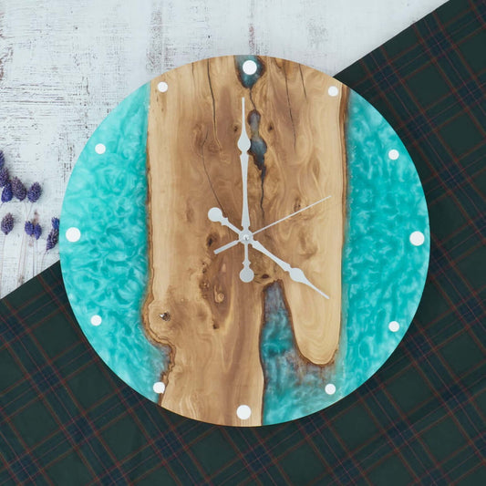 Blue and Wooden Abstract Epoxy Resin Wall Clock For Home Decor