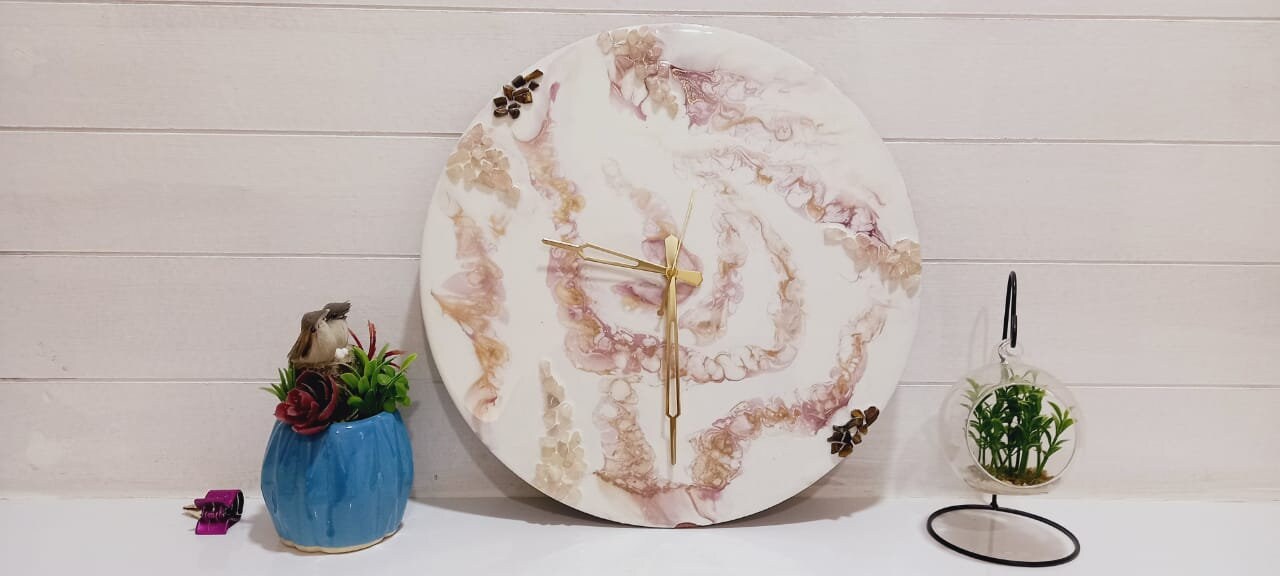 White And Pink Abstract Epoxy Resin Wall Clock For Home Decor