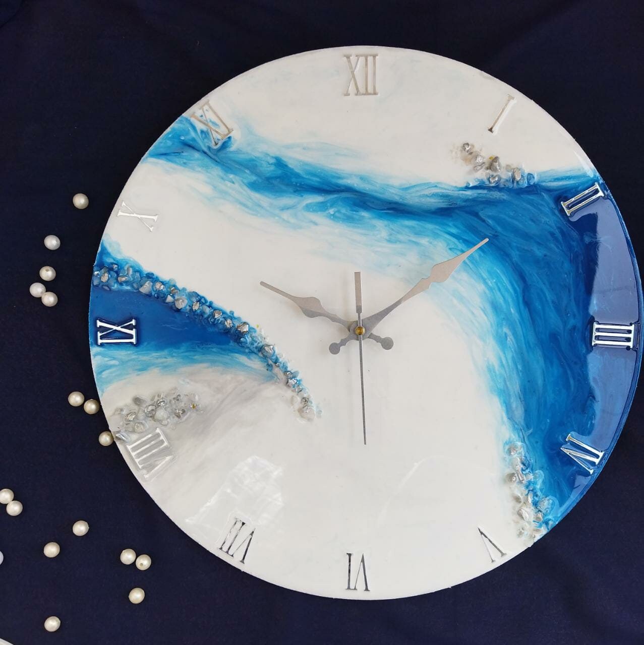 White And Blue Abstract Alcoholic Ink Wall Clock For Home Decor