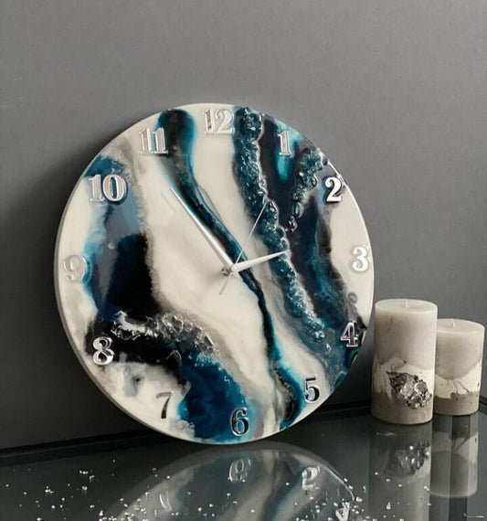 White Grey and Blue Abstract Epoxy Resin Wall Clock For Home Decor