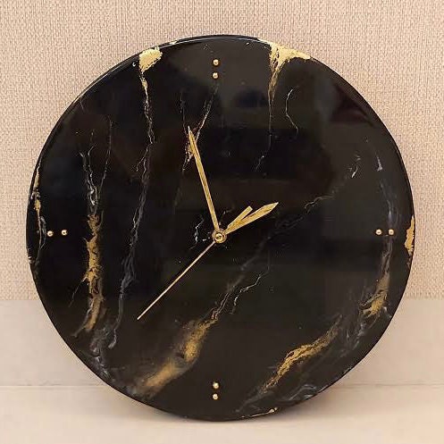 Black And Golden Abstract Epoxy Resin Wall Clock For Home Decor