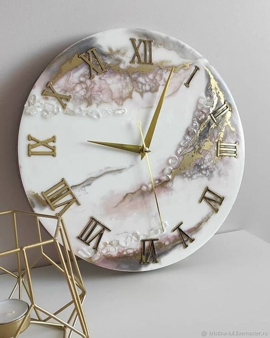 White Grey and Golden Abstract Epoxy Resin Wall Clock For Home Decor