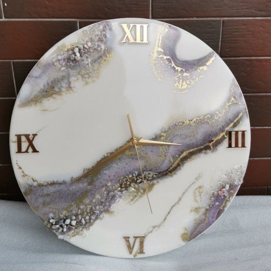 Purple And Gold Abstract Epoxy Resin Wall Clock For Home Decor