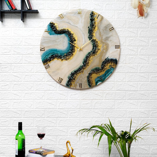 Blue And Golden Abstract Epoxy Resin Wall Clock For Home Decor