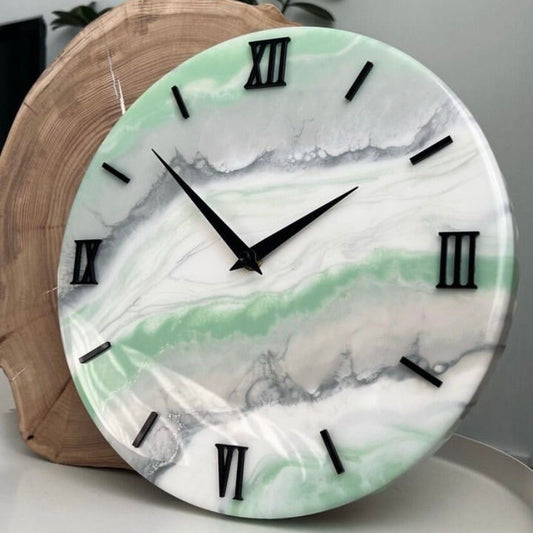 Green And Grey Abstract Epoxy Resin Wall Clock For Home Decor