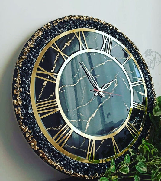 Dark Green And Golden Abstract Epoxy Resin Wall Clock For Home Decor