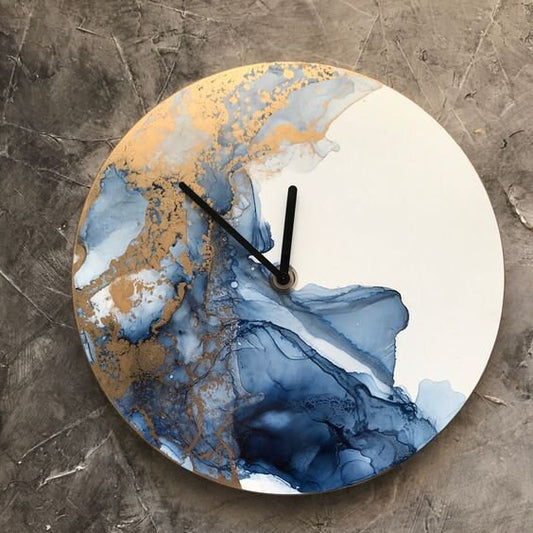 White Blue and Golden Abstract Epoxy Resin Wall Clock For Home Decor