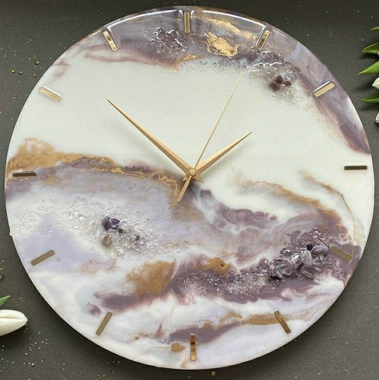 Purple And Golden Abstract Epoxy Resin Wall Clock For Home Decor