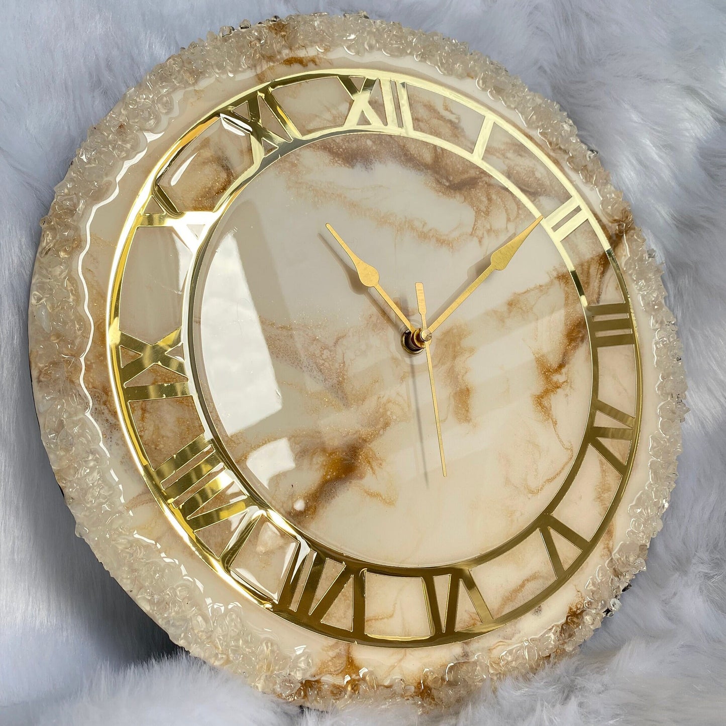 Ivory And Golden Abstract Epoxy Resin Wall Clock For Home Decor