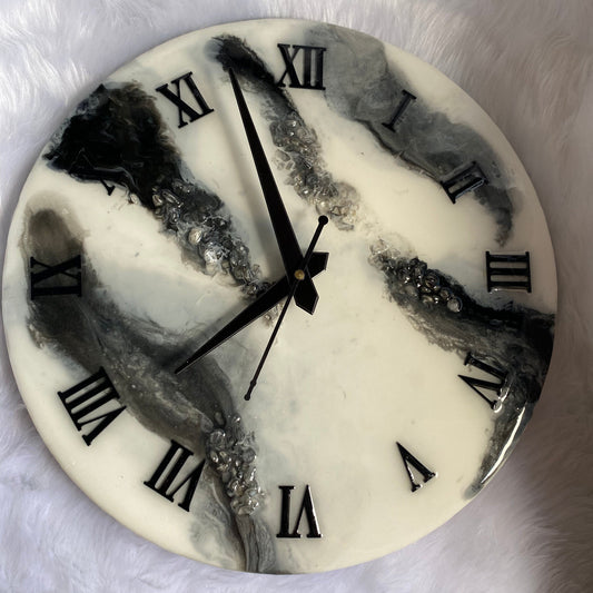 White and Black Abstract Epoxy Resin Wall Clock For Home Decor