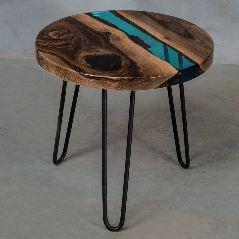 Blue and Wooden Abstract Epoxy Resin Coffee Table For Home Decor