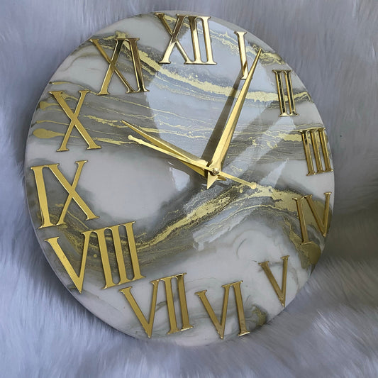 White And Golden Abstract Epoxy Resin Wall Clock For Home Decor