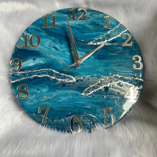 Teal Blue Abstract Epoxy Resin Wall Clock For Home Decor