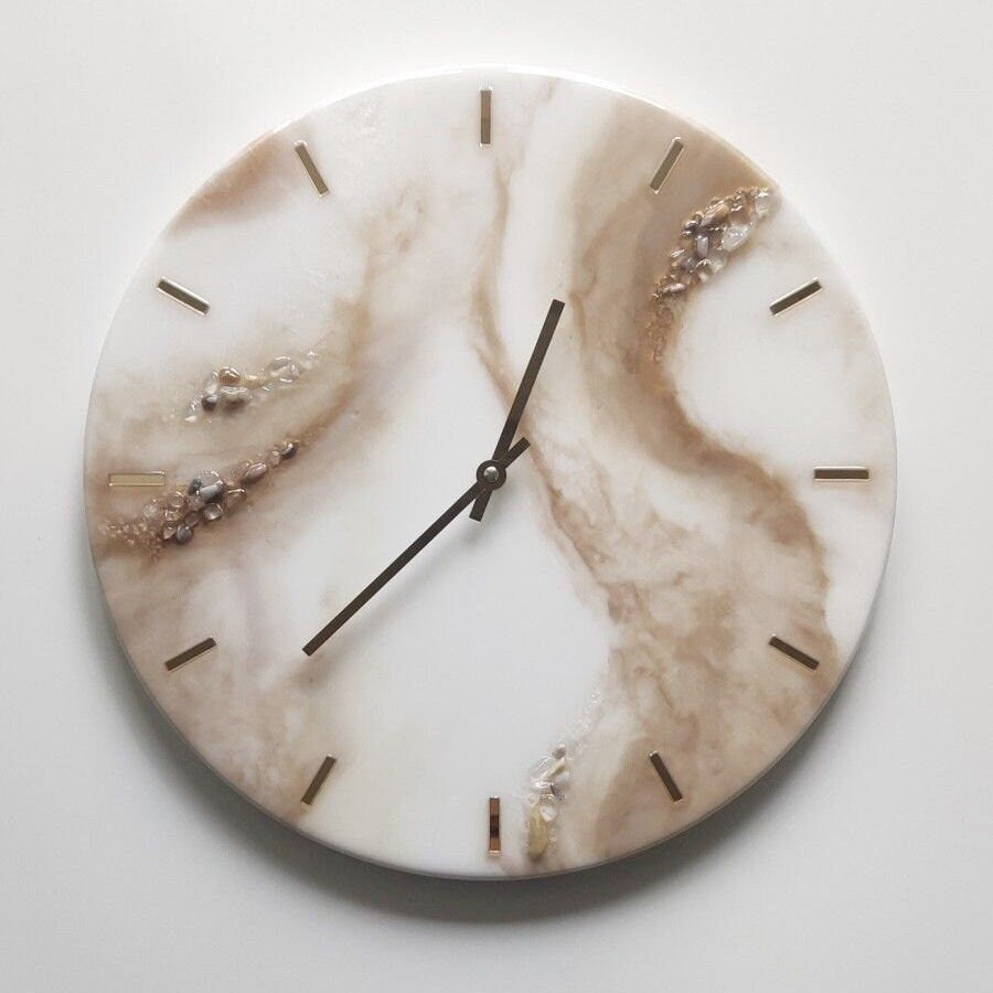 Light Brown And Pearl Abstract Epoxy Resin Wall Clock For Home Decor